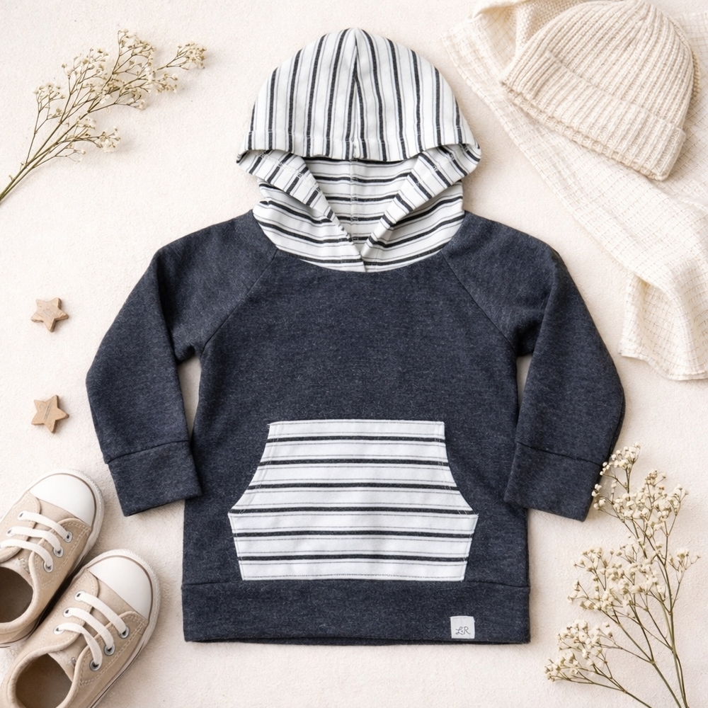 Lulu & Roo Handmade Hoodie 2T | Charcoal w Black & White Stripe | USA